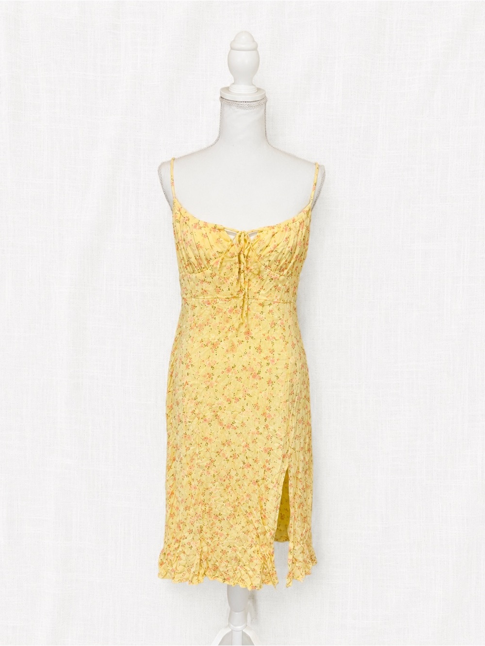 Aeropostale Yellow Floral Spaghetti-Strap Midi Dress with Front Tie